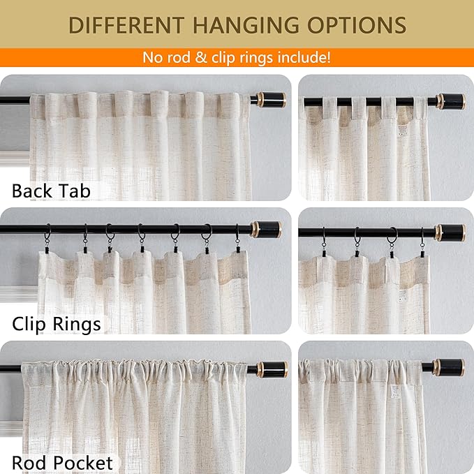 MYSKY HOME Country Curtains for Sliding Glass Door, Back Tab Semi Sheer Curtain Panels Extra Long Floor Length Drapes 108 Inches for Living Room Linen Texture Soft Touch, 100x108 Inch, Linen, 1 Piece
