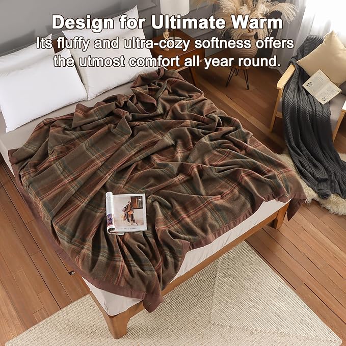 YOUR MOON 100% Pure Merino Wool Twin Size, Australian Organic Natural Wool Blanket, Hypoallergenic Wool Blanket for Bed, Medium Weight(Plaid Brown, 66 * 90)