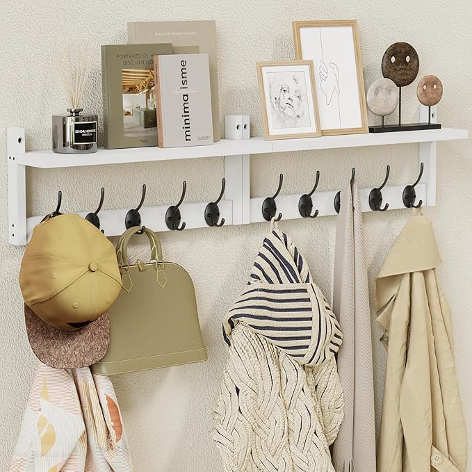 AMBIRD 34.2" L Wooden Wall Coat Hooks with Shelf - Versatile and Decorative Wall-Mounted Storage - 10 Hooks for Hanging Coats, Hats, Keys, Bags, Scarves - Ideal for Entryways, Bedrooms, Closets(White)