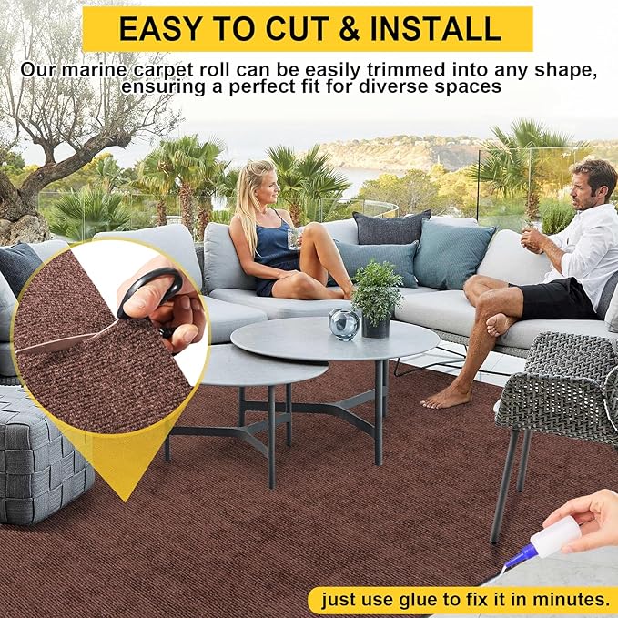 Marine Carpet, 6 FT x 14 FT Brown Indoor/Outdoor Area Rug, 0.2" Thick, Water-Resistant, Non-Slip, Machine Made, Solid, Marine Animals Theme