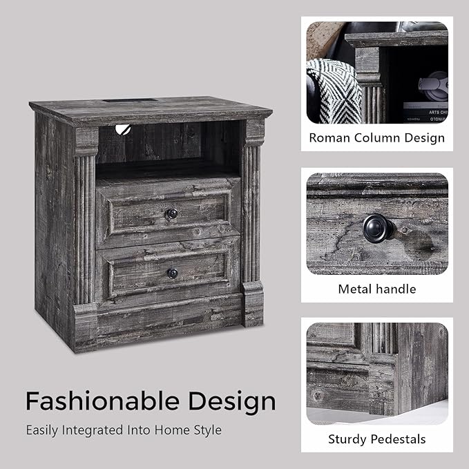 26" Tall Farmhouse Nightstand Set of 2, 2 Drawers End Table w/Charging Station, 23.6" Wide Large Side Table w/Roman Column, Wood Rustic Sofa Table w/Open Shelf, Bedside Table for Bedroom, Light Gray