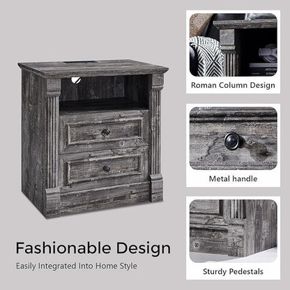 26" Tall Farmhouse Nightstand Set of 2, 2 Drawers End Table w/Charging Station, 23.6" Wide Large Side Table w/Roman Column, Wood Rustic Sofa Table w/Open Shelf, Bedside Table for Bedroom, Light Gray