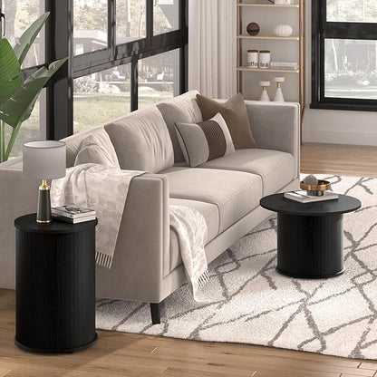 Set of 2 Round Nesting Coffee Tables for Living Room, Fluted Circle Black Wood Coffee and End Table Sets for Apartment, Small Spaces, Bedroom, Modern Style, Easy Assembly & Maintenance