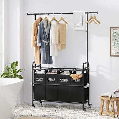 Tajsoon Laundry Sorter Cart with Hanging Clothes Rack, 4 Butler Sorter Basket Organizer, Laundry Hamper Cart with Heavy Duty Rolling Lockable Wheels, Black