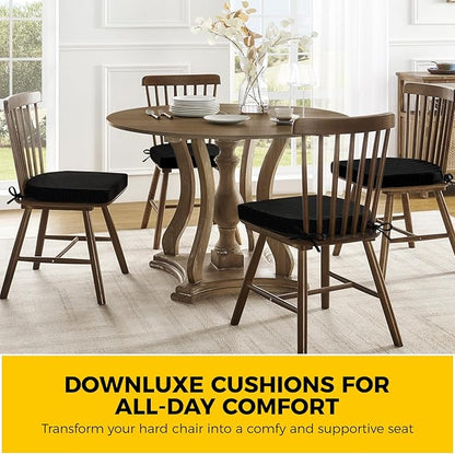 downluxe Indoor Chair Cushions for Dining Chairs, Soft and Comfortable Textured Foam Kitchen Chair Pads with Ties and Non-Slip Backing, 16" x 16" x 2", Black, 4 Pack
