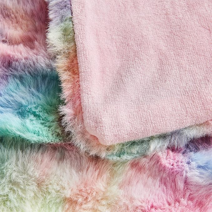 Lotus Karen Faux Fur Blanket Rainbow Twin Size - Big Bubble Rabbit Fluff Blanket for Couch, Small Fluffy Fuzzy Cozy Blanket, Thick Furry Plush Shaggy Blankets, 60x80 Inches