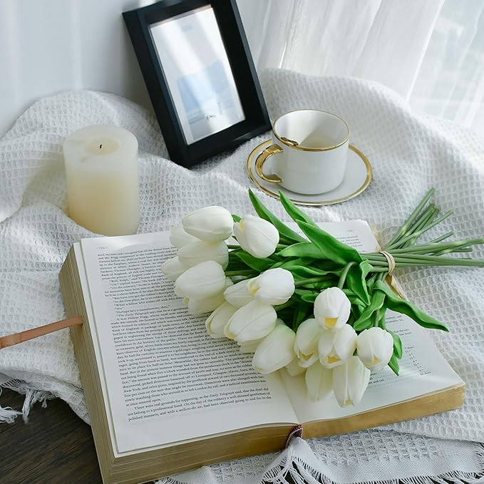Mandy's Artificial Tulips 20 Stems White PU Faux Flowers for Wedding Home Decor 13.5 Inch
