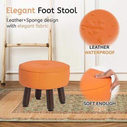13in Small Foot Stool Ottoman, Round Faux Leather Foot Rest for Couch, Under Desk Pouf Footstool Footrest with Non-Skid Rubber Legs for Ling Room, Bedroom, 13''L x 13''W x 10.2''H, Orange