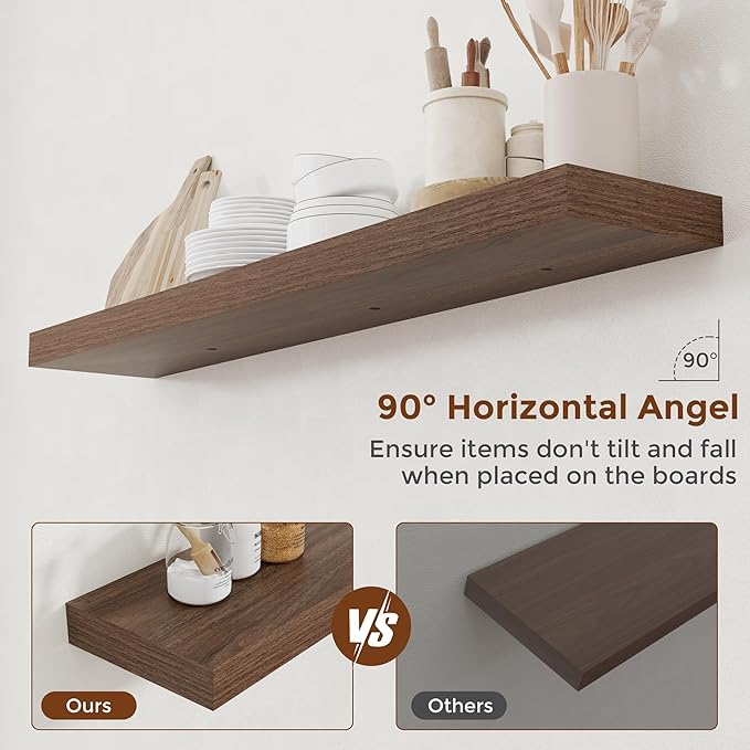 Heimlove 48 Inch Floating Shelves for Wall 8 Inch Deep Walnut Shelves Set of 2,Wall Mounted Rustic Wood Long Floating Shelf，Large Display & Storage Shelf with Invisible Brackets