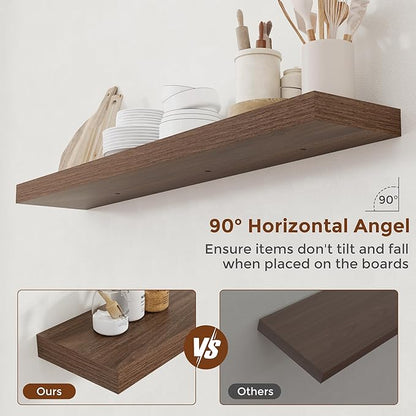 Heimlove 48 Inch Floating Shelves for Wall 8 Inch Deep Walnut Shelves Set of 2,Wall Mounted Rustic Wood Long Floating Shelf，Large Display & Storage Shelf with Invisible Brackets