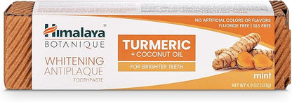 Himalaya Botanique Turmeric & Coconut Oil Whitening Antiplaque Herbal Toothpaste, Whitens Teeth, Fluoride Free, No Artificial Flavors, SLS Free, Vegan, Cruelty Free, Foaming, Mint Flavor, 4 Oz, 4 Pack