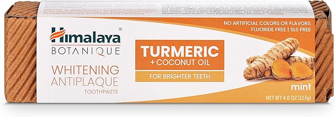 Himalaya Botanique Turmeric & Coconut Oil Whitening Antiplaque Herbal Toothpaste, Whitens Teeth, Fluoride Free, No Artificial Flavors, SLS Free, Vegan, Cruelty Free, Foaming, Mint Flavor, 4 Oz, 2 Pack