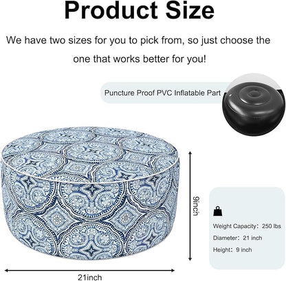 Inflatable Ottoman Stool D21 xH9 for Outdoor/Indoor Use, Water Repellent Patio Foot Rest Stool with Portable Handle,Round Pouf Ottoman Suitable for Garden,Deck and Camping - Medallion Blue