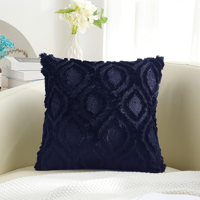 decorUhome Fall Throw Pillow Covers 22x22 Inch Set of 2, Soft Plush Decorative Faux Fur Navy Blue Solid Couch Pillow Covers, Accent Farmhouse Neutral Square Euro Pillow Cases for Sofa Bed Living Room