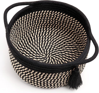 Decorative Small Gift Basket Empty – SweetMemo Cute Woven Rope Organizer Baskets for Desk, Bedside, Bathroom, Key, Round Boho Decor Cotton Bin with tassel, Gift Bag, Ribbon – Rustic Black Brown