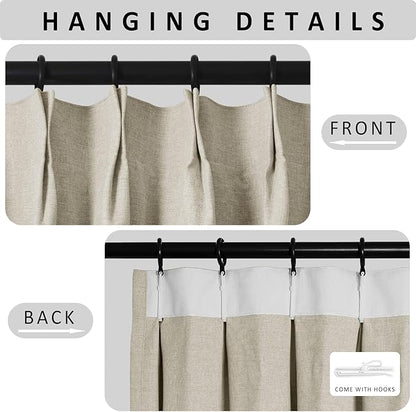 Macochico Pinch Pleated Blackout Linen Curtains 96 Inches Long 100% Light Blocking Burlap Curtains for Bedroom Living Room Thermal Window Panels with Tieback 72”Wx96”L Ivory White 1 Panel