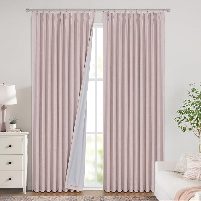 Vision Home Soft Pink Pinch Pleated Full Blackout Curtains Linen Blended Room Darkening Window Panels 84 inch for Living Room Bedroom Thermal Insulated Pinch Pleat Drapes with Hooks 60" Wx84 Lx1