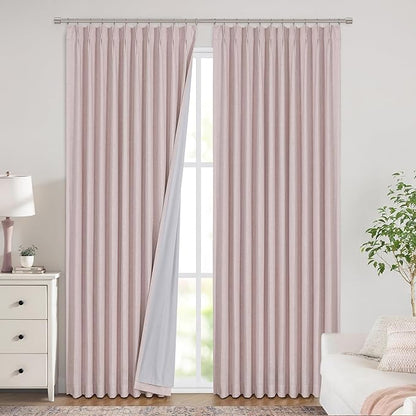 Vision Home Soft Pink Pinch Pleated Full Blackout Curtains Linen Blended Room Darkening Window Panels 84 inch for Living Room Bedroom Thermal Insulated Pinch Pleat Drapes with Hooks 60" Wx84 Lx1