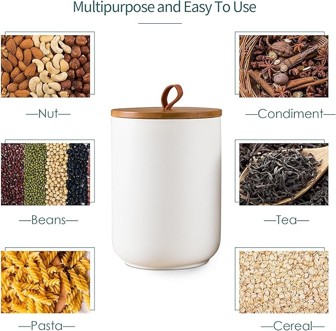 White Canister Sets for Kitchen, 3pcs Ceramic Canisters with Airtight Wooden Lid, Food Storage Jar, Large Kitchen Storage Containers for Serving Coffee Beans, Tea, Sugar, Salt, Spices