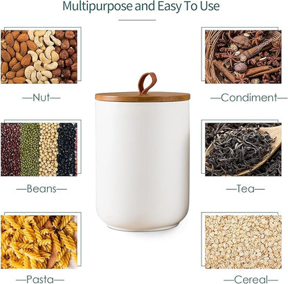 White Canister Sets for Kitchen, 3pcs Ceramic Canisters with Airtight Wooden Lid, Food Storage Jar, Large Kitchen Storage Containers for Serving Coffee Beans, Tea, Sugar, Salt, Spices