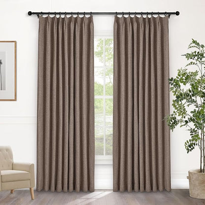 Macochico Pinch Pleated Blackout Curtains 102 Inches Long 100% Light Blocking Light Brown Linen Drapes for Bedroom Living Room Farmhouse Shabby Chic Burlap Curtains with Tieback 72”Wx102”L 1 Panel