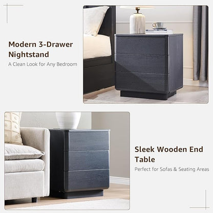 JXQTLINGMU 22" Modern Nightstand Set of 2 with Charging Station, Large Push-to-Open End Table, Wood Bedside Table, Curved Profile, Handleless 3 Drawer Night Stand for Bedroom, Living Room, Black