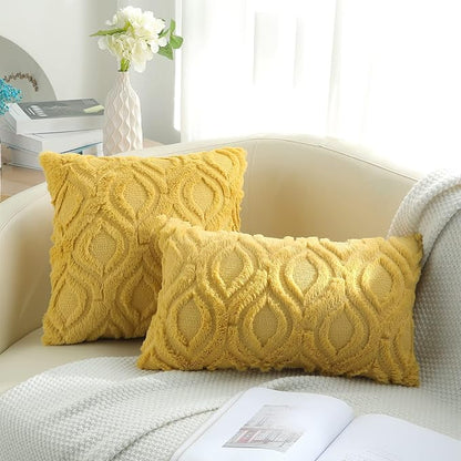 decorUhome Throw Pillow Covers 20x20 Inch Set of 2, Soft Plush Decorative Faux Fur Mustard Yellow Solid Couch Pillow Covers, Accent Farmhouse Neutral Square Euro Pillow Cases for Sofa Bed Living Room