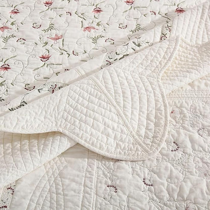 MarCielo 3-Piece 100% Cotton Oversized Bedspread Lightweight Quilt Coverlet Embroidery Farmhouse Bedding Set (TC Soft White,Oversized Queen (100"x106"))