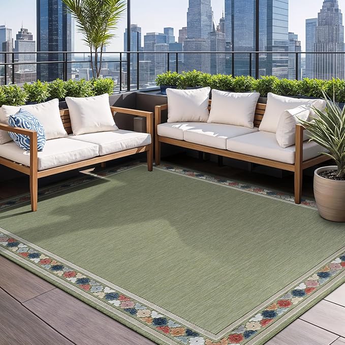 Beverly Rug Outdoor Rug 9x12 Modern Bordered Large Area Rugs for Indoor and Outdoor Patio Easy to Clean Non Shedding Living Room Porch Garden Washable Outside Carpet (9 x 12 Green)