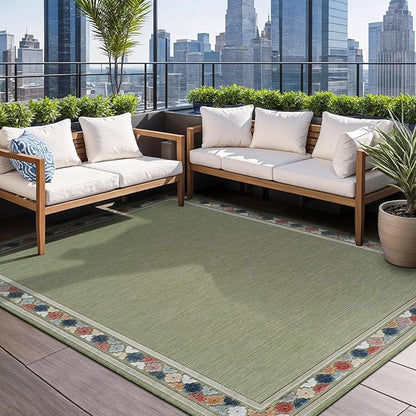 Beverly Rug Outdoor Rug 9x12 Modern Bordered Large Area Rugs for Indoor and Outdoor Patio Easy to Clean Non Shedding Living Room Porch Garden Washable Outside Carpet (9 x 12 Green)