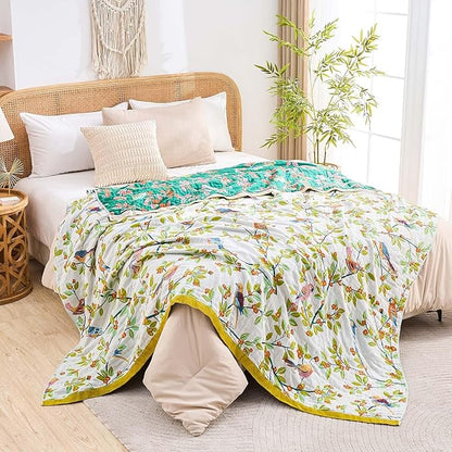 Boho Throw Blanket for Bed, 100% Cotton Soft Rustic Quilt Fall Blanket, 90"x98" Floral Printed Farmhouse Decor Bed Blankets, All Season Rustic Reversible Bohemian Throw Quilt