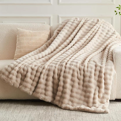 NEWCOSPLAY Faux Fur Throw Blanket Linen Bubble Blanket Thick Warm Soft for Couch Sofa Bed 550GSM (Linen, Throw(50"x60"))