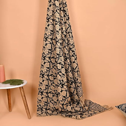 Handmade Cotton Throw Blanket, Floral Block Print, Black and Beige Wrap, 47x71 inches Decorative Woven Throw with Tassels