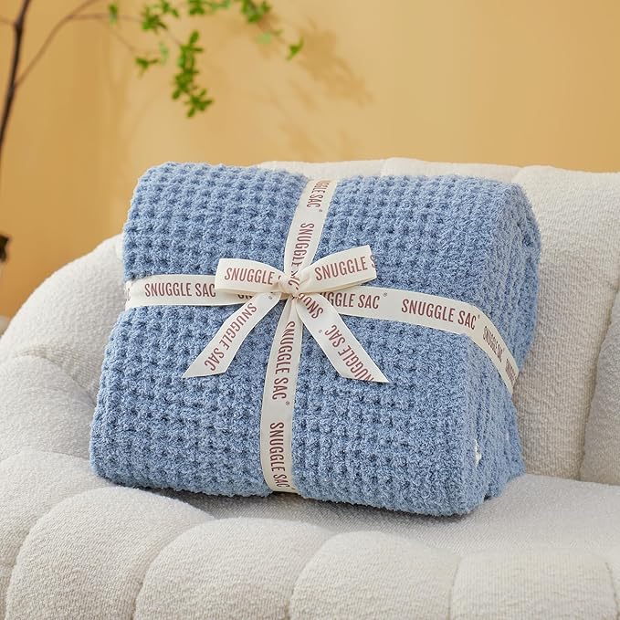 Snuggle Sac Blue Waffle Throw Blanket for Couch Bed Sofa 60x80 inches, Reversible Blue Blanket Microfiber Fluffy Fuzzy Cozy Knit Twin Blanket for Women Mothers Birthday Gifts