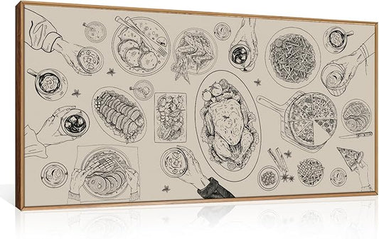 Vintage Food and Drink Framed Canvas Wall Art Set,Retro Sketch Pizza Cheers Wall Decor,Thanksgiving Dinner Turkey Artwork,Black and white Art Prints for Kitchen,Dining Room,Gatherings Decor-20"x40"