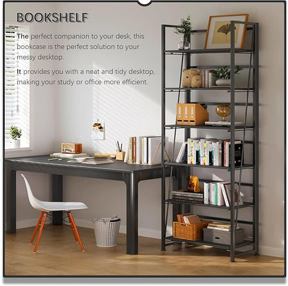 4NM No Assembly Foldable Bookshelf, 6-Shelf Collapsible Bookcase Storage for Small Spaces, 74" H, All Black