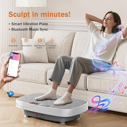 Vibration Plate Exercise Machine, Ultra-Quiet Vibration Plate for Lymphatic Drainage & Body Toning, Whole Body Vibration Platform with Bluetooth, Resistance Bands, Home Gyms Equipment