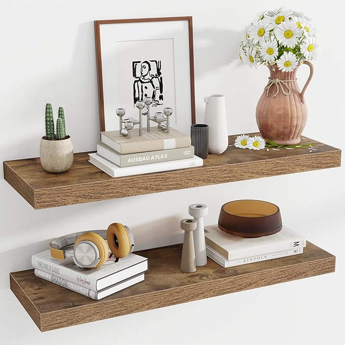 36 Inch Floating Shelves, 12 Inch Deep Floating Shelves for Wall, Floating Shelf with Invisible Brackets, Deep Shelves for Bathroom, Bedroom, Living Room, 2 Pack, Brown