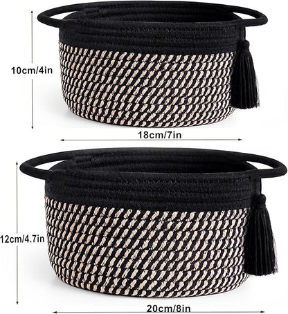 Empty Gift Basket - SweetMemo Mini Woven Rope Organizer Baskets for Baby Shower, Vanity, Makeup Brushes, Bathroom, Shelves, Desk - Small Decorative Storage Bins - Set of 2, Pre-Shaped, Black Brown