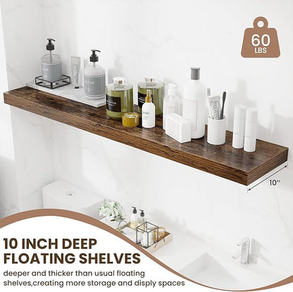 Fun Memories 55 Inch Fireplace Mentel Shelf, 10 Inch Deep Shelves for Display&Wall Storage, Rustic Wood Wall Shelf -Extra Long Floating Shelves for Living Room Laundry Room, Rustic Brown, Set of 1