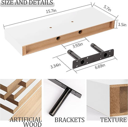 BAMEOS Floating Shelves, White Wall Mounted Wooden Shelves with Invisible Brackets Set of 2, Hanging Wall Shelves Decoration for Bedroom, Bathroom, Living Room and Kitchen