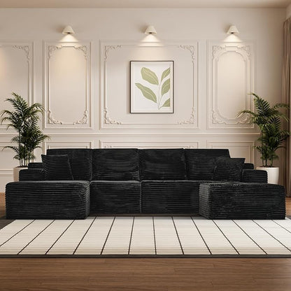 Modular Sectional Sofa Cloud Sectional Couch, 135" Comfy Fluffy U Shaped Black Couches for Living Room, Deep Seat Memory Foam Plush Corduroy Boneless Couch Sectionals with Left Facing Chaise Sofa