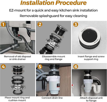 1/2 HP Garbage Disposals, TECASA Continuous Feed, Stainless Steel Food Waste Grinding System for Kitchen Sink Food Waste, Power Cord Included, UL Certified - HyperCrush 50