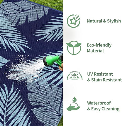 GENIMO Outdoor Rug 9' x 12' Waterproof for Patios Clearance, Reversible Outdoor Plastic Straw Camping Rug Carpet, Large Area Rugs Mats for RV, Camper, Deck, Balcony, Porch, Beach, Navy Blue&Baby Blue