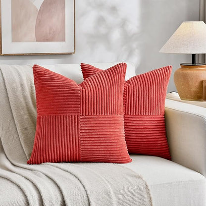 Fancy Homi 2 Packs Red Decorative Throw Pillow Covers 18x18 Inch for Living Room Couch Bed Sofa, Rustic Boho Farmhouse Home Decor, Soft Corss Corduroy Patchwork Textured Square Cushion Case 45x45 cm