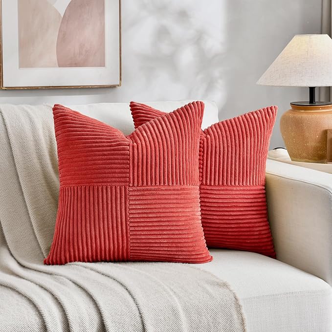 Fancy Homi 2 Packs Red Decorative Throw Pillow Covers 16x16 Inch for Living Room Couch Bed Sofa, Holiday Christmas Home Decor Gift, Soft Corss Patchwork Corduroy Textured Square Cushion Case 40x40 cm