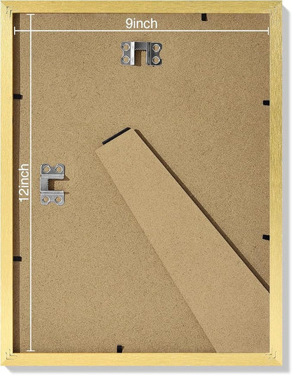 Vittanly 9x12 Picture Frames Set of 9, Shatter Resistant Plexiglass, Display 6x8 Pictures with Mat or 9x12 without Mat, Photo Frames for Wall or Tabletop, Engineered Wood, Gold