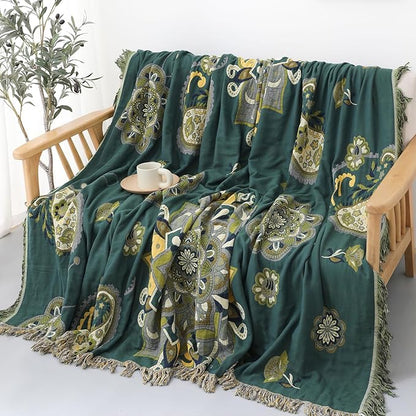 Snycler Boho Throw Blanket for Bed - 100% Cotton Ultra Soft Rustic Quilt - Green Boho Floral Printed Farmhouse Decor Bed Blankets, 80"×90" All Season Rustic Throw for Sofa Couch Chair