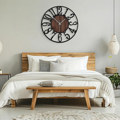 Maxstar Large Round Wall Clock for Living Room Decor Battery Operated Non Ticking Black Metal Wood Clocks for Home Living Room Garden Farmhouse Office Kitchen Decoration -32 inch