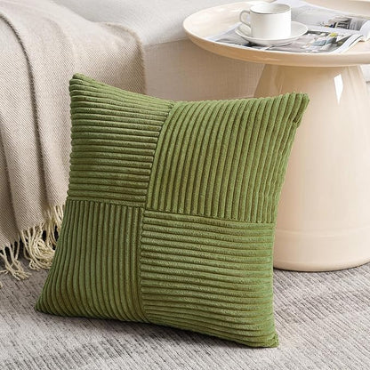 Fancy Homi 2 Packs Moss Green Decorative Throw Pillow Covers 16x16 Inch for Living Room Couch Bed, Rustic Farmhouse Boho Home Decor, Soft Corss Patchwork Corduroy Textured Square Cushion Case 40x40 cm